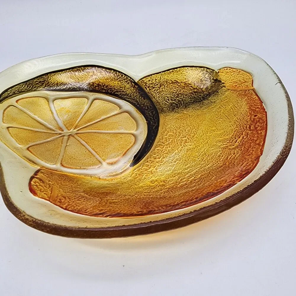 Lemon Embossed Glass Platter Textured Dichroic Tray MCM Retro 9x6.5